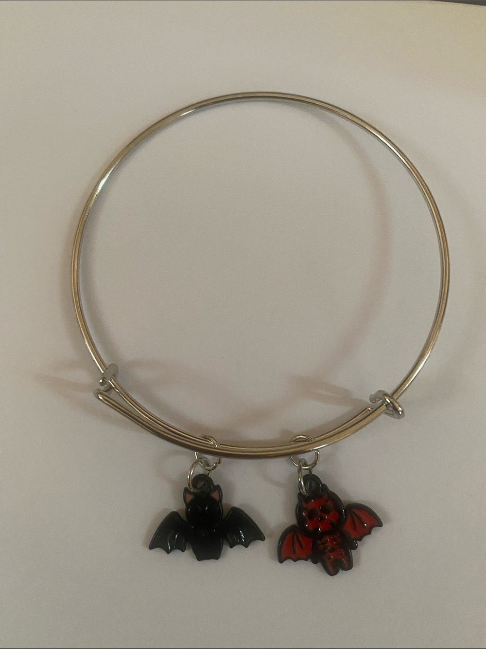 Hand Crafted Silver-Tone Bangle with Black and Red Bat Charms